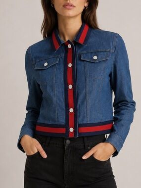 Gucci Web Trim Cropped Denim Jacket Size IT 44 Alessandro Michele Era
